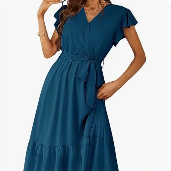 NWT PrettyGarden XXL flowy &flattering blue dress Wrap Vneck ruffle sleeve - Picture 1 of 10